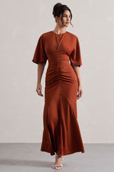 Terracotta Ruched Flutter-Sleeve Cut-Out Maxi Dress